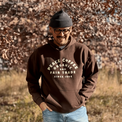 Peace Coffee brown hoodie in fall